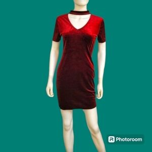 AMBIANCE Maroon Choker Velour Velvet Valentine's Short Sleeve Mini Dress